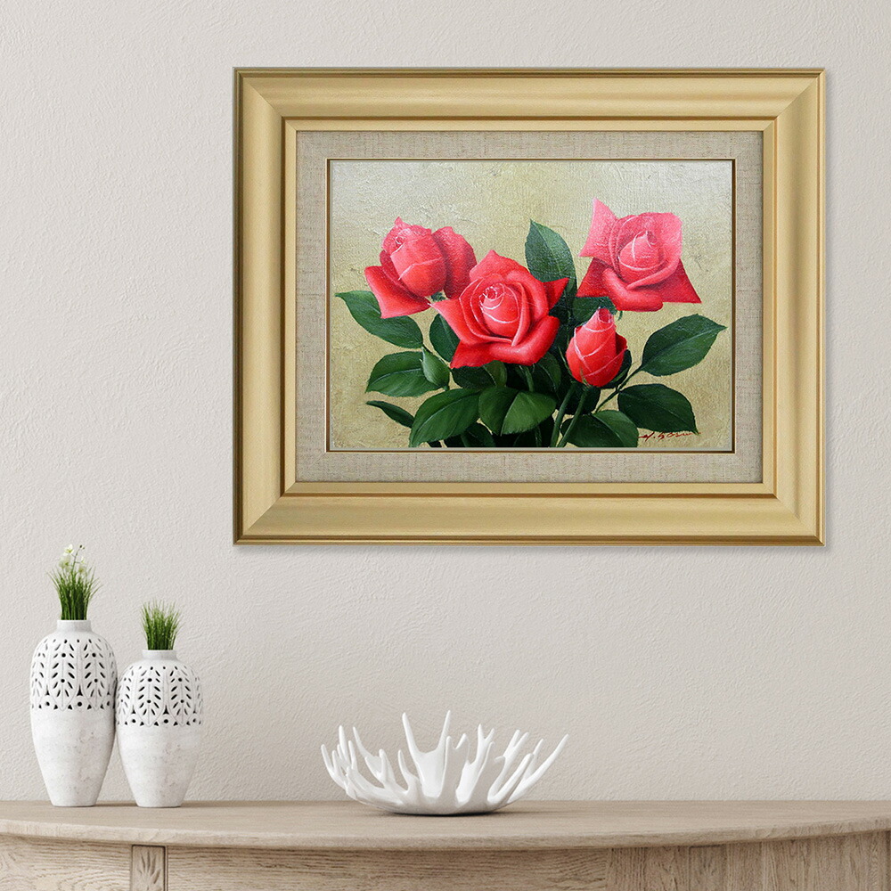 楽天市場】手描き 油絵 額入り油彩画 バラ1 F6サイズ 薔薇 赤いバラ 赤