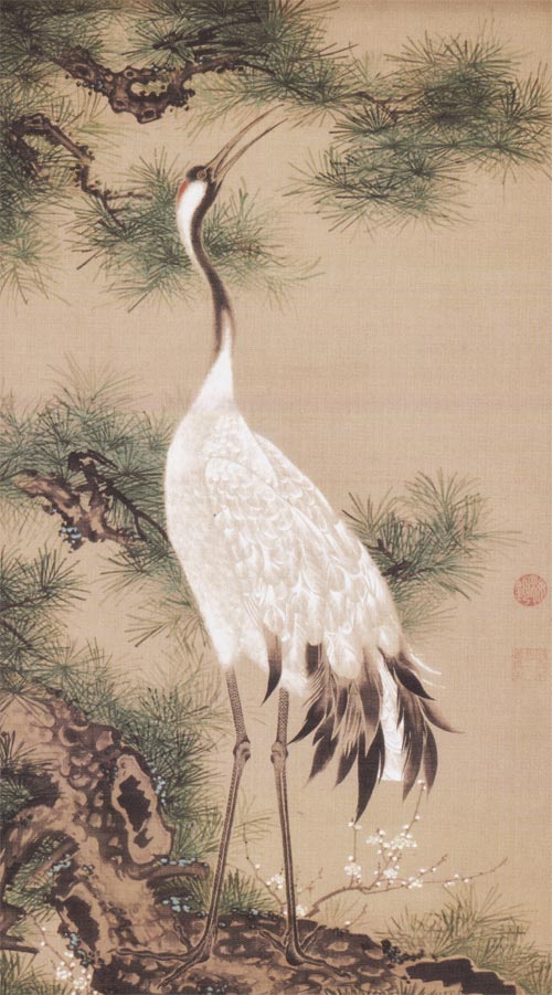 伊藤若冲 掛け軸 白鶴図（双幅・左） 松に鶴 送料無料 【掛軸】【一間