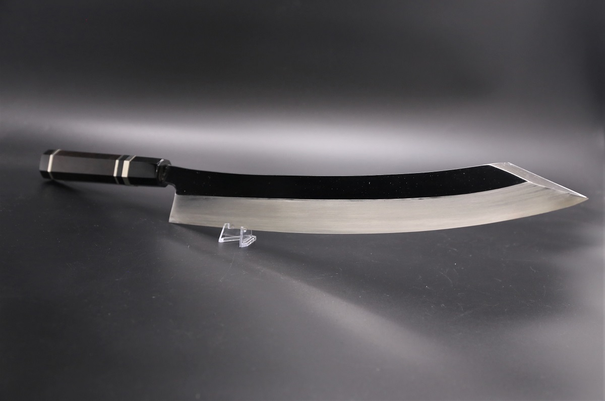 特注 切付柳刃 V金10号 390mm 全鋼本焼 平鏡面 巾広52mm 鬼反り 黒檀柄
