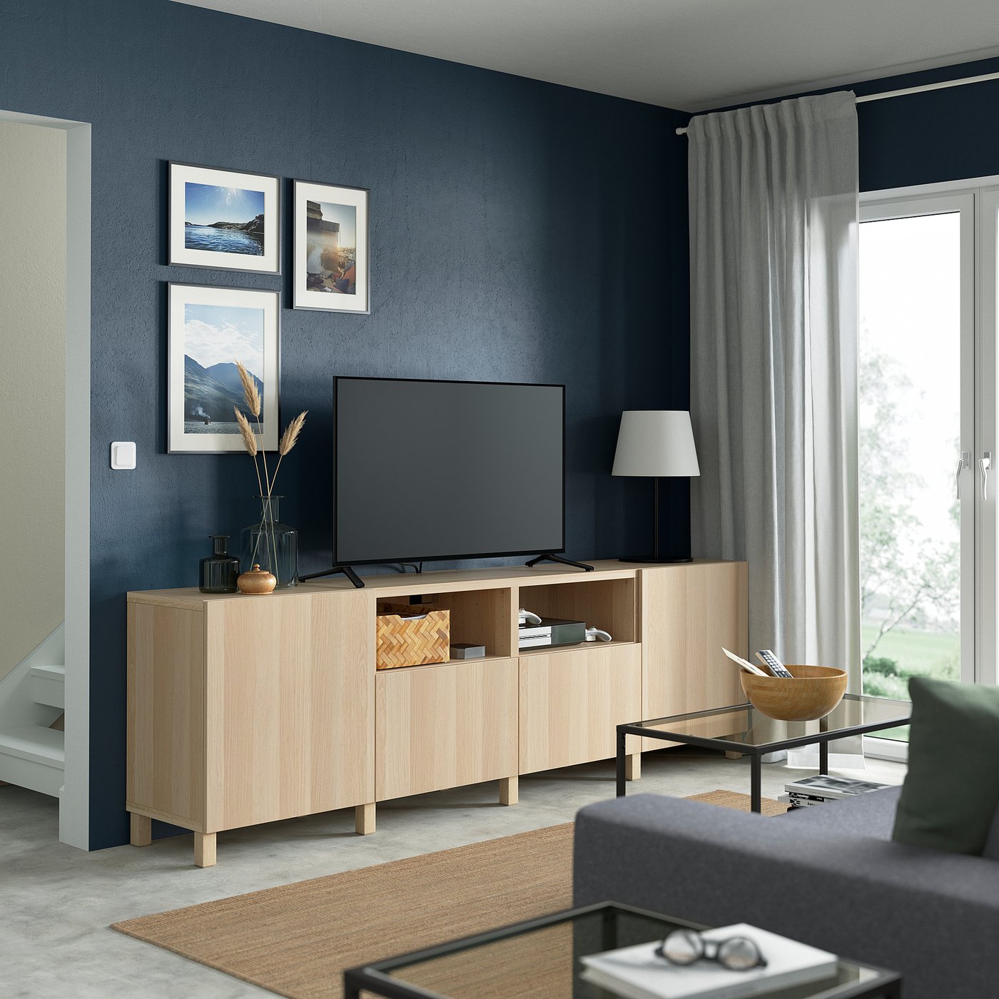 BESTÅ TV bench with doors and drawers, white stained oak effect
