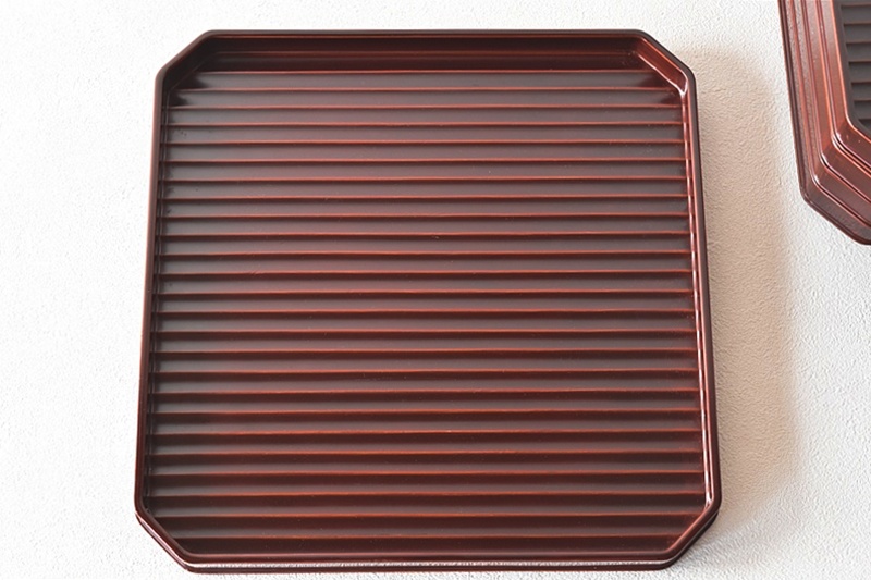 天然木製漆塗 山本春正 隅切鉋目折敷 溜塗 5客セット 茶懐石道具