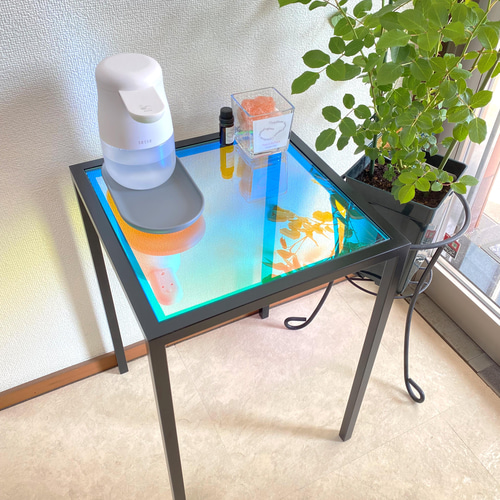 受注生産】アイアンテーブル / オーロラガラス サイドテーブル 多目的