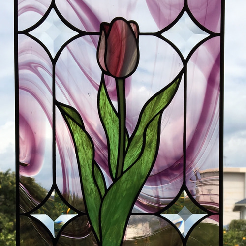チューリップのパネル」ステンドグラス 春 ピンク その他インテリア
