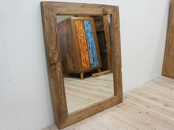 古材 古木 オールドチーク材のミラー 80cm×60cm 壁掛け鏡 チーク無垢材