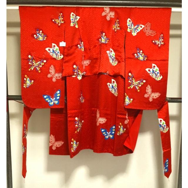 中古 七五三 正絹 7〜11歳女児用 祝い着 着物 長襦袢セット 朱色地に蝶