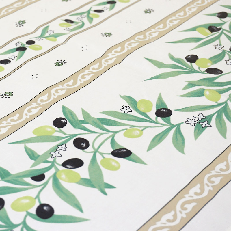 フランス製 コットン撥水テーブルクロス☆オリーブ柄/ホワイト