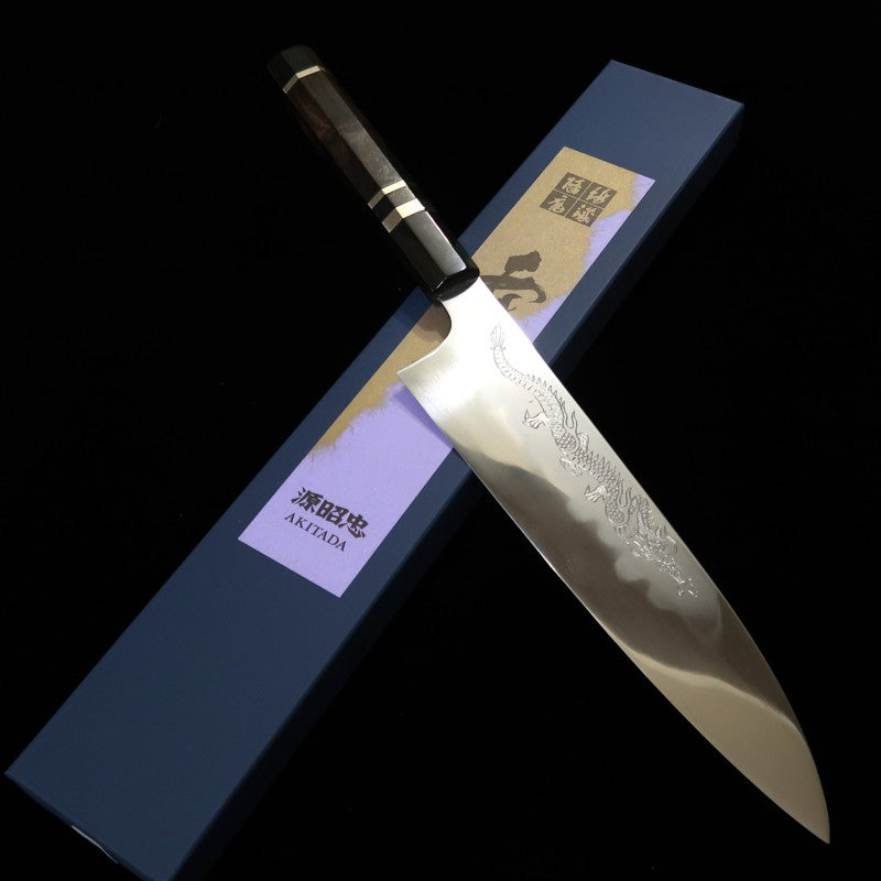 水野鍛練所 MIZUNO 源昭忠 青紙一号 本焼DX 牛刀 鏡面 龍刻印入り 黒檀