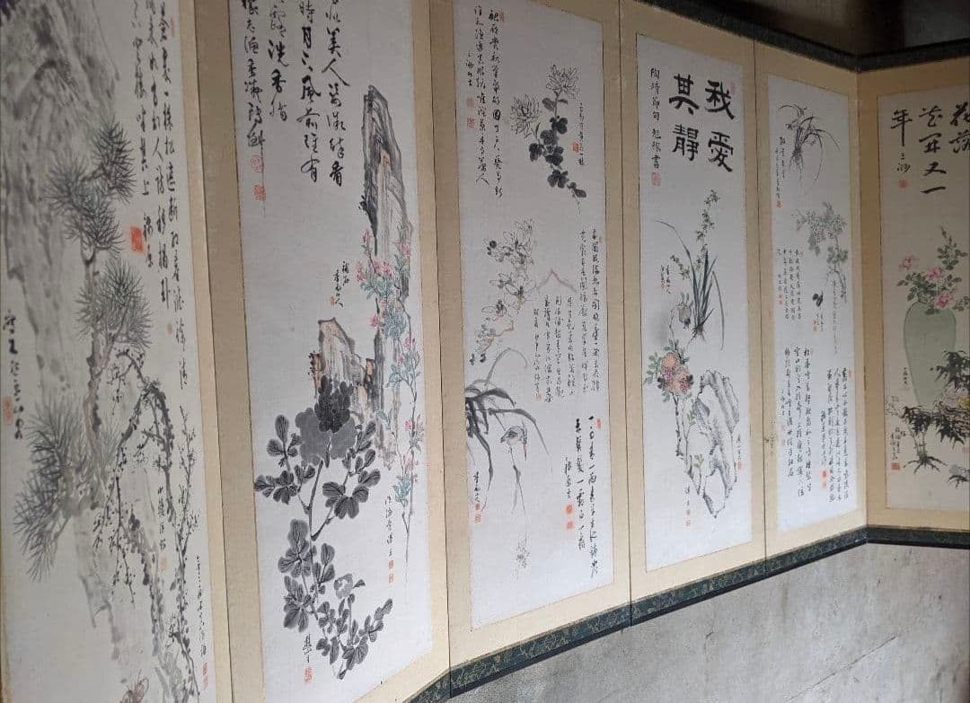 雪渓など/六曲屏風と木箱セット/明治期書画家の合作/希少骨董古美術vintage 雪渓など/六曲屏風と木箱セット/明治期書画家の合作/希少