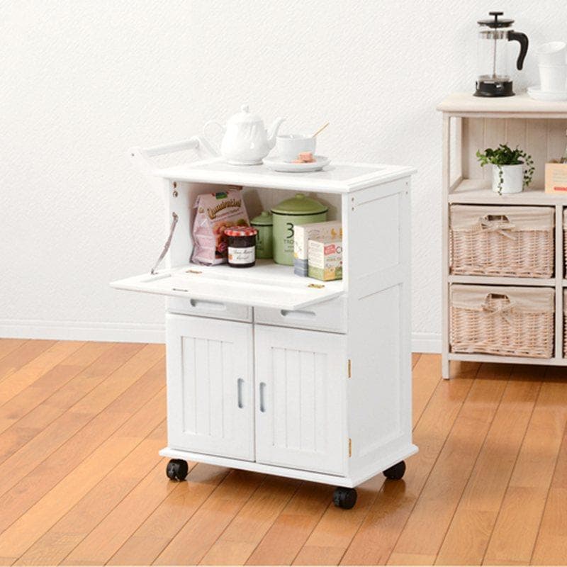 扉付きで目隠し収納キッチンワゴン 完成品 ホワイト [8085] 扉付きで目隠し収納キッチンワゴン(ホワイト/ナチュラル・幅59×奥行30