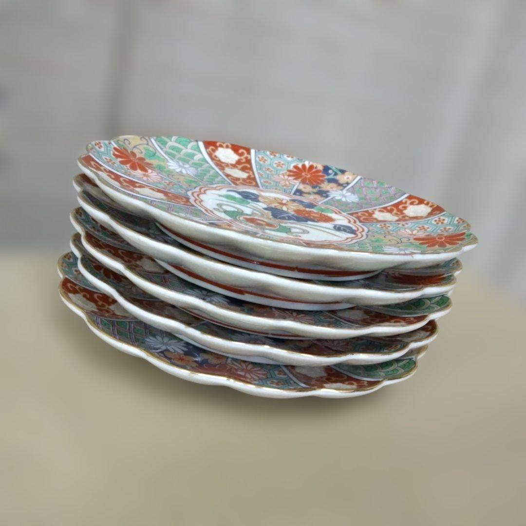 ☆期間限定特価！【有田焼 陶扇 /菊割皿/赤絵/金彩 5組セット現状品