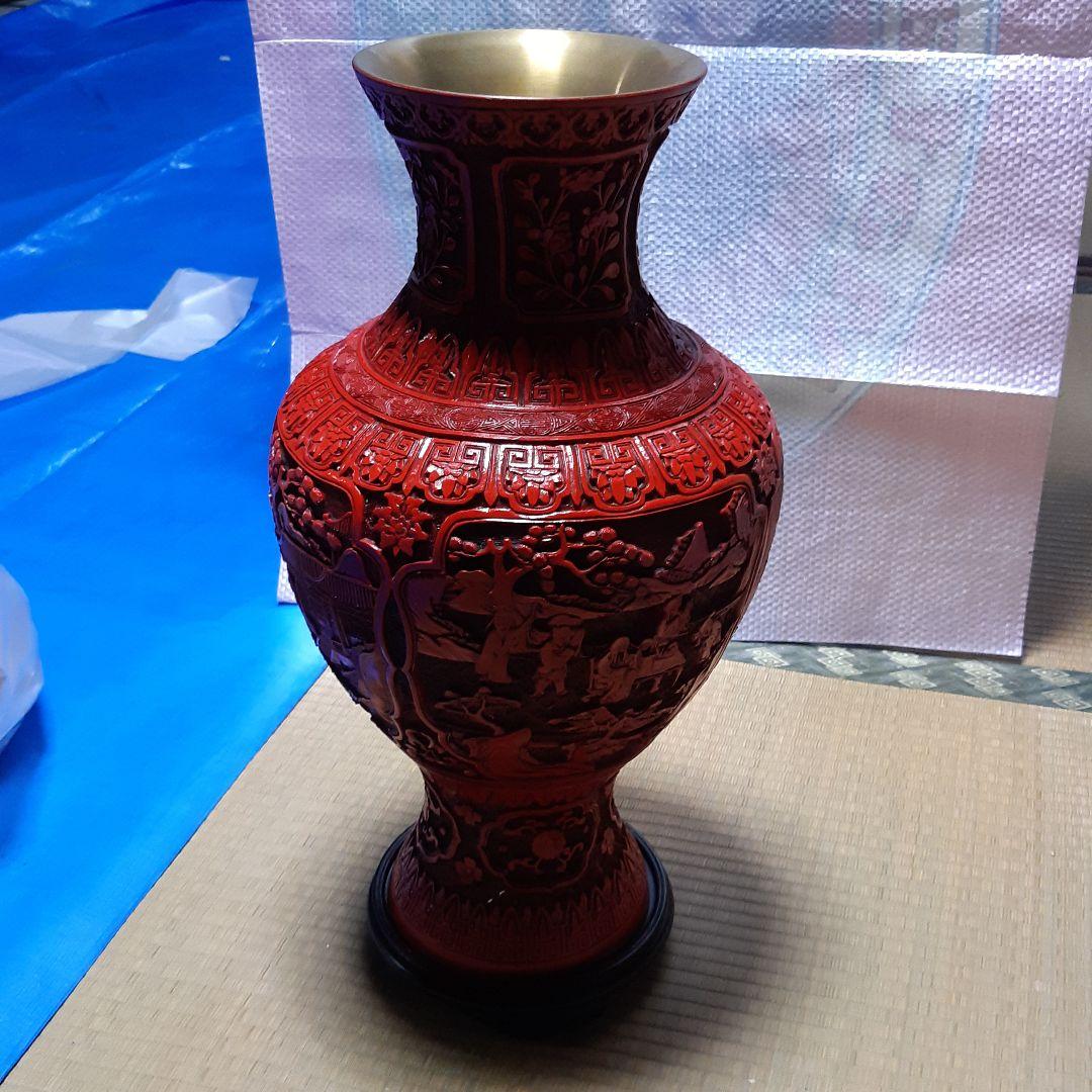 花瓶　中国堆朱細工 楽天市場】骨董○堆朱花文花瓶○堆朱 / 銅製 / 陰刻文 | 20世紀頃
